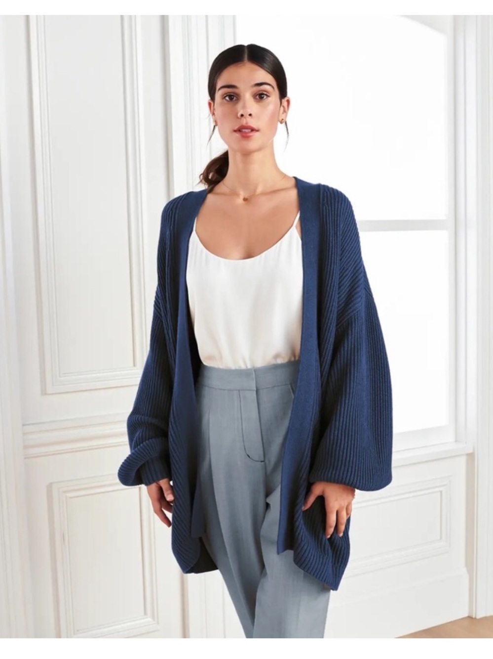 Quince Navy Blue Cotton Ribbed Open-Front Cardigan Sweater Oversized